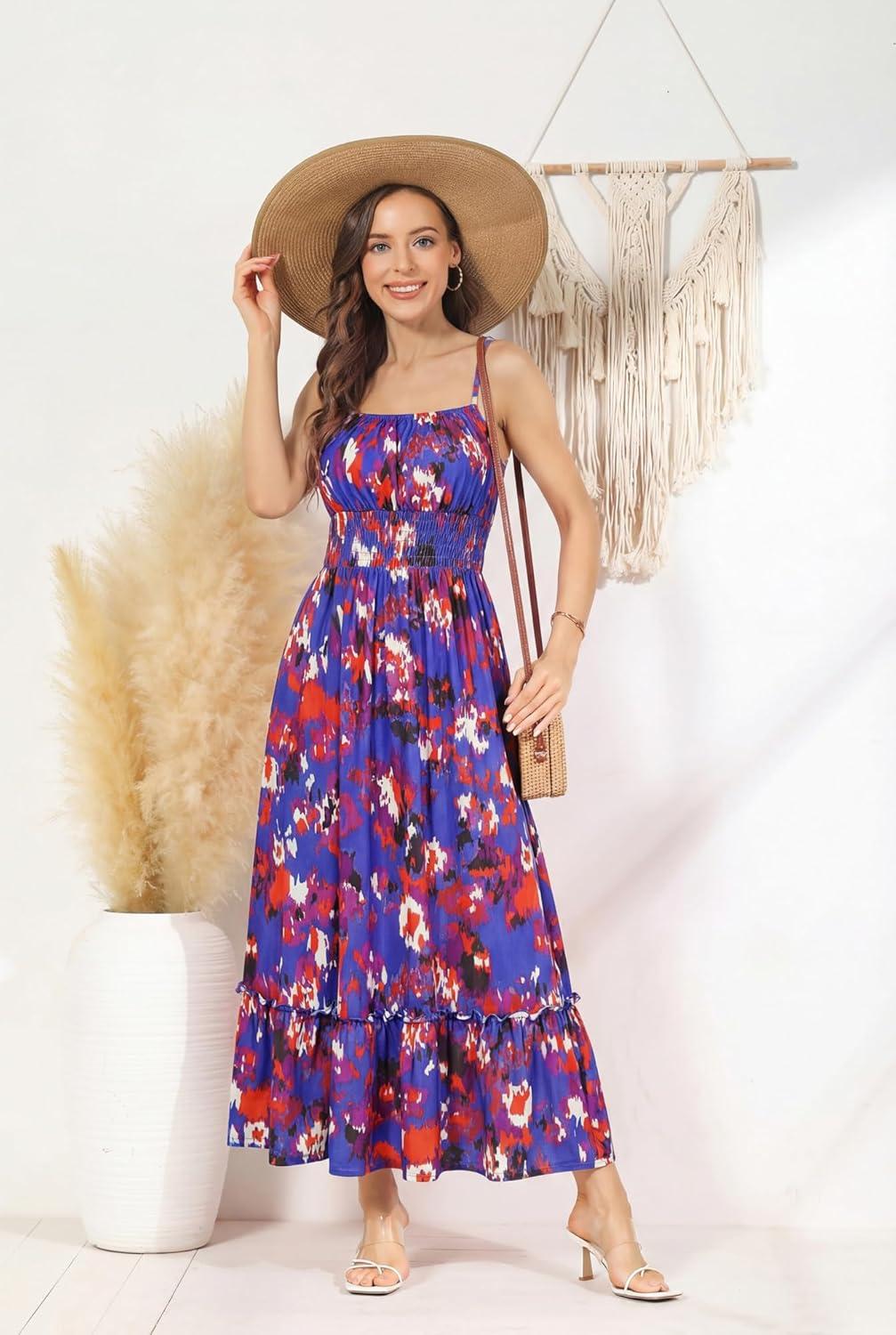 imageGRACE KARIN Summer Dresses for Women 2026 VacationSmocked Floral Maxi DressBoho Beach Sundress with Pocket Fashion ClothingBlue Red