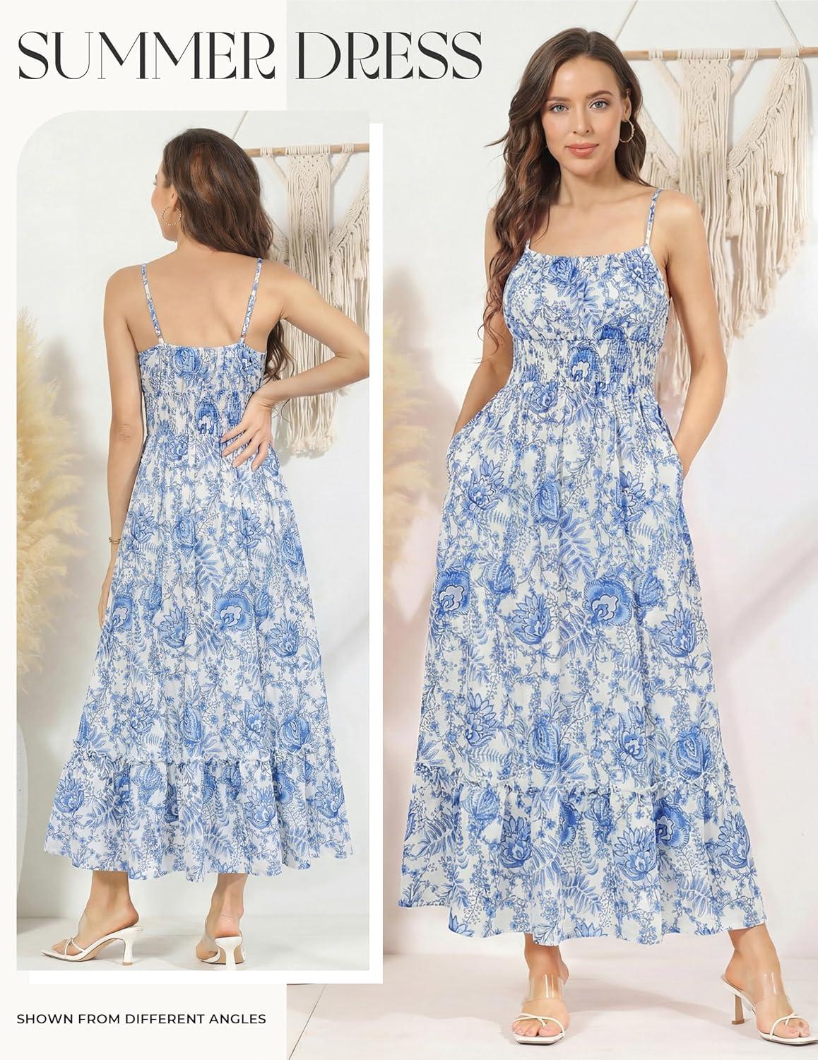 imageGRACE KARIN Summer Dresses for Women 2026 VacationSmocked Floral Maxi DressBoho Beach Sundress with Pocket Fashion ClothingBlue White