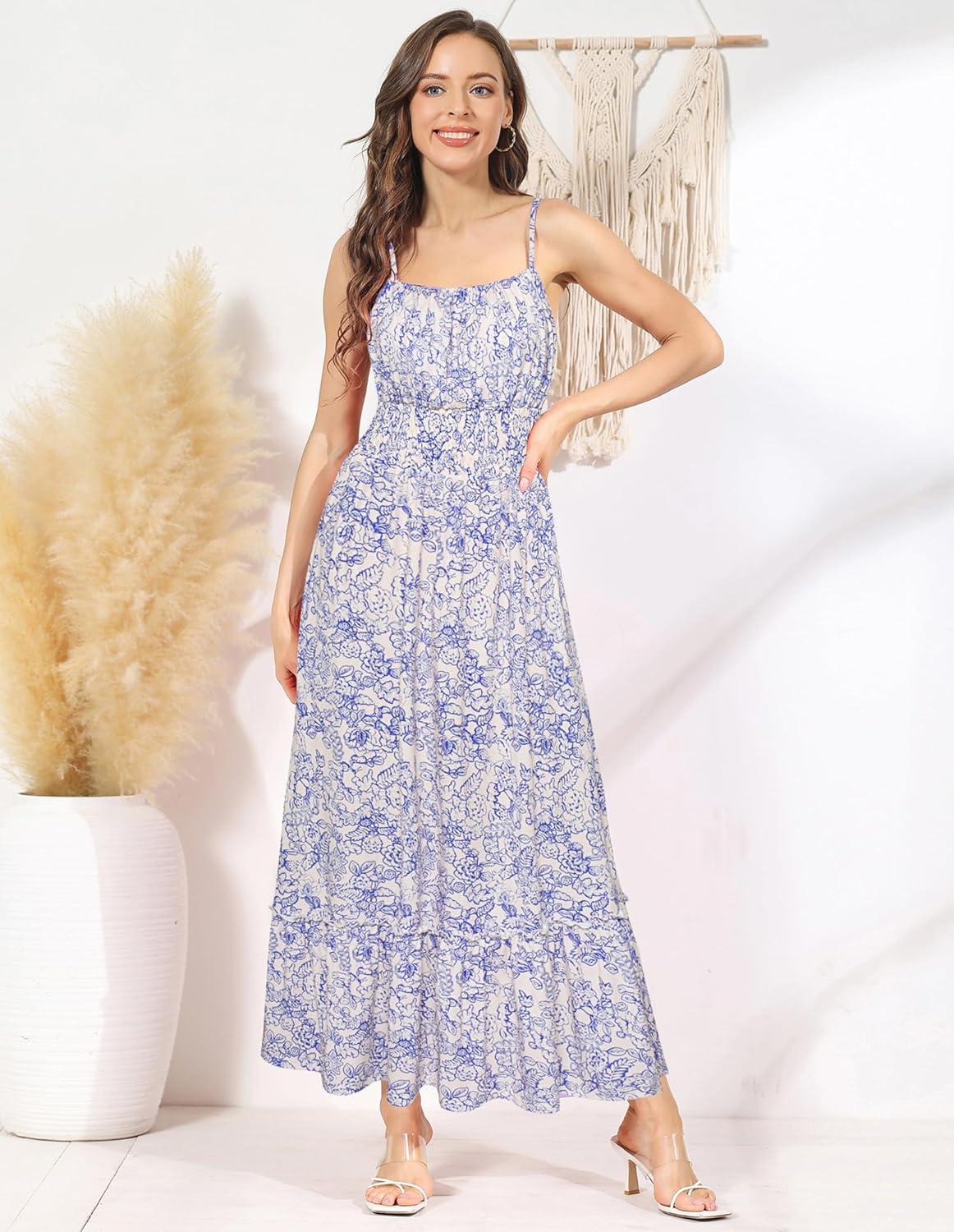 imageGRACE KARIN Summer Dresses for Women 2026 VacationSmocked Floral Maxi DressBoho Beach Sundress with Pocket Fashion ClothingBlue White Floral