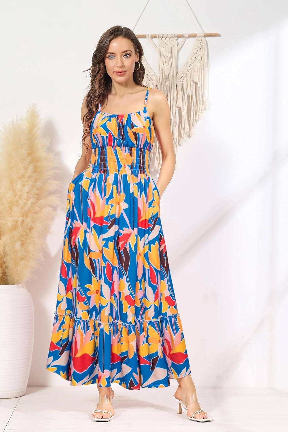 imageGRACE KARIN Summer Dresses for Women 2026 VacationSmocked Floral Maxi DressBoho Beach Sundress with Pocket Fashion ClothingBlue Yellow Floral