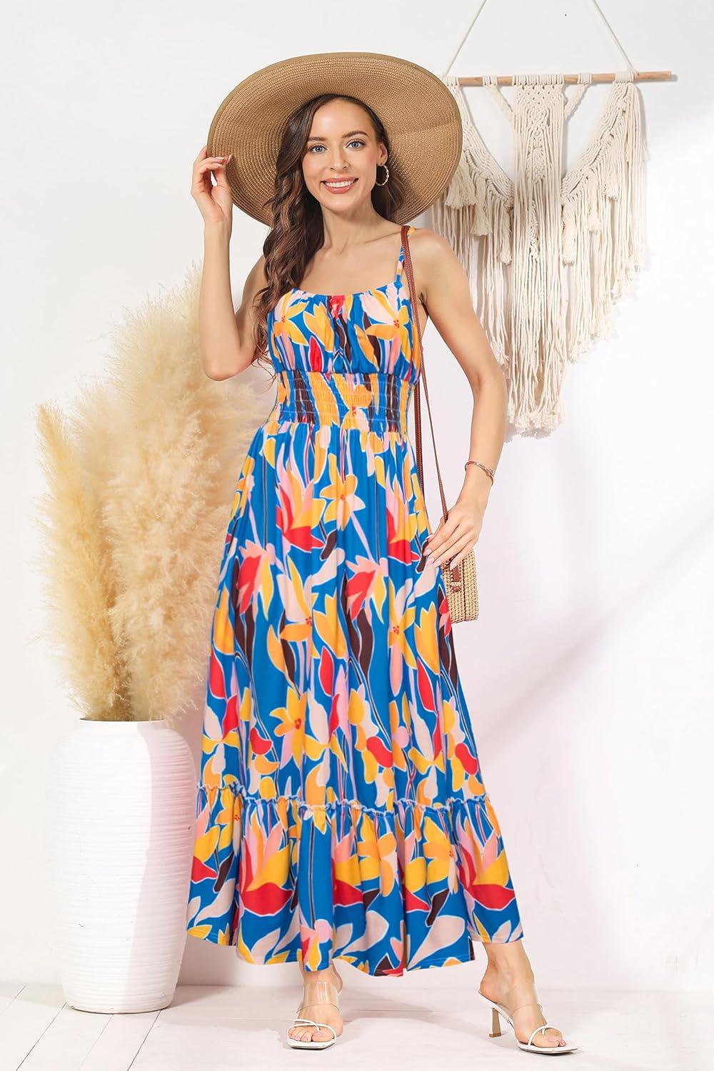 imageGRACE KARIN Summer Dresses for Women 2026 VacationSmocked Floral Maxi DressBoho Beach Sundress with Pocket Fashion ClothingBlue Yellow Floral