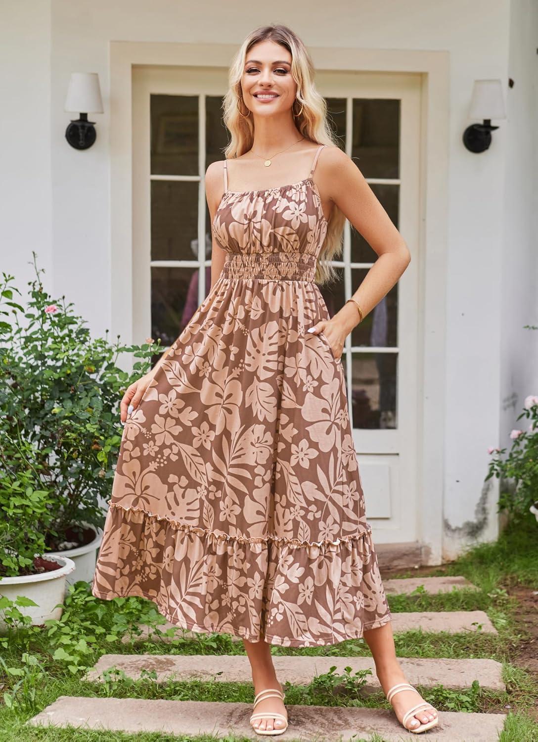 imageGRACE KARIN Summer Dresses for Women 2026 VacationSmocked Floral Maxi DressBoho Beach Sundress with Pocket Fashion ClothingCoffee Floral