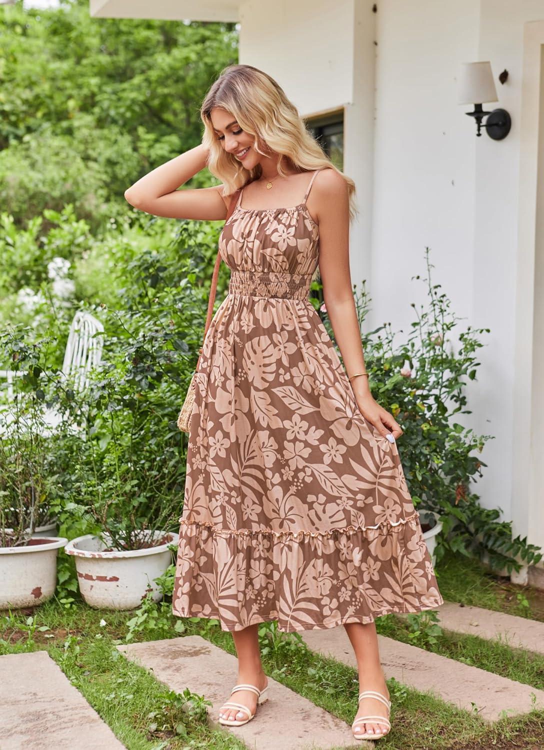 imageGRACE KARIN Summer Dresses for Women 2026 VacationSmocked Floral Maxi DressBoho Beach Sundress with Pocket Fashion ClothingCoffee Floral