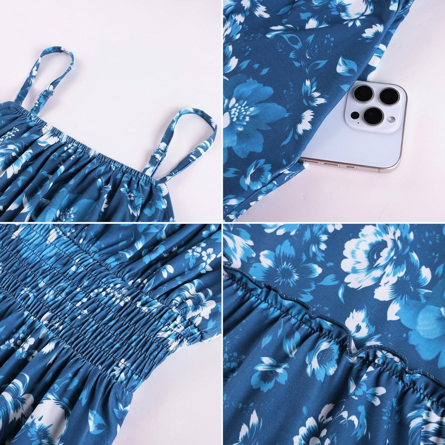 imageGRACE KARIN Summer Dresses for Women 2026 VacationSmocked Floral Maxi DressBoho Beach Sundress with Pocket Fashion ClothingDark Blue