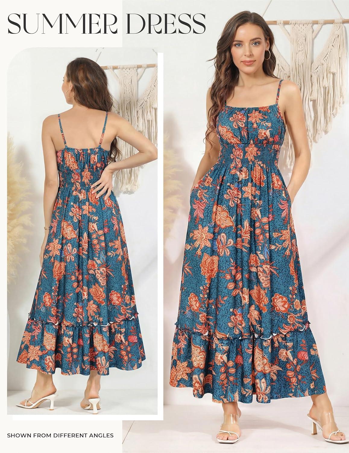 imageGRACE KARIN Summer Dresses for Women 2026 VacationSmocked Floral Maxi DressBoho Beach Sundress with Pocket Fashion ClothingDark Blue Green