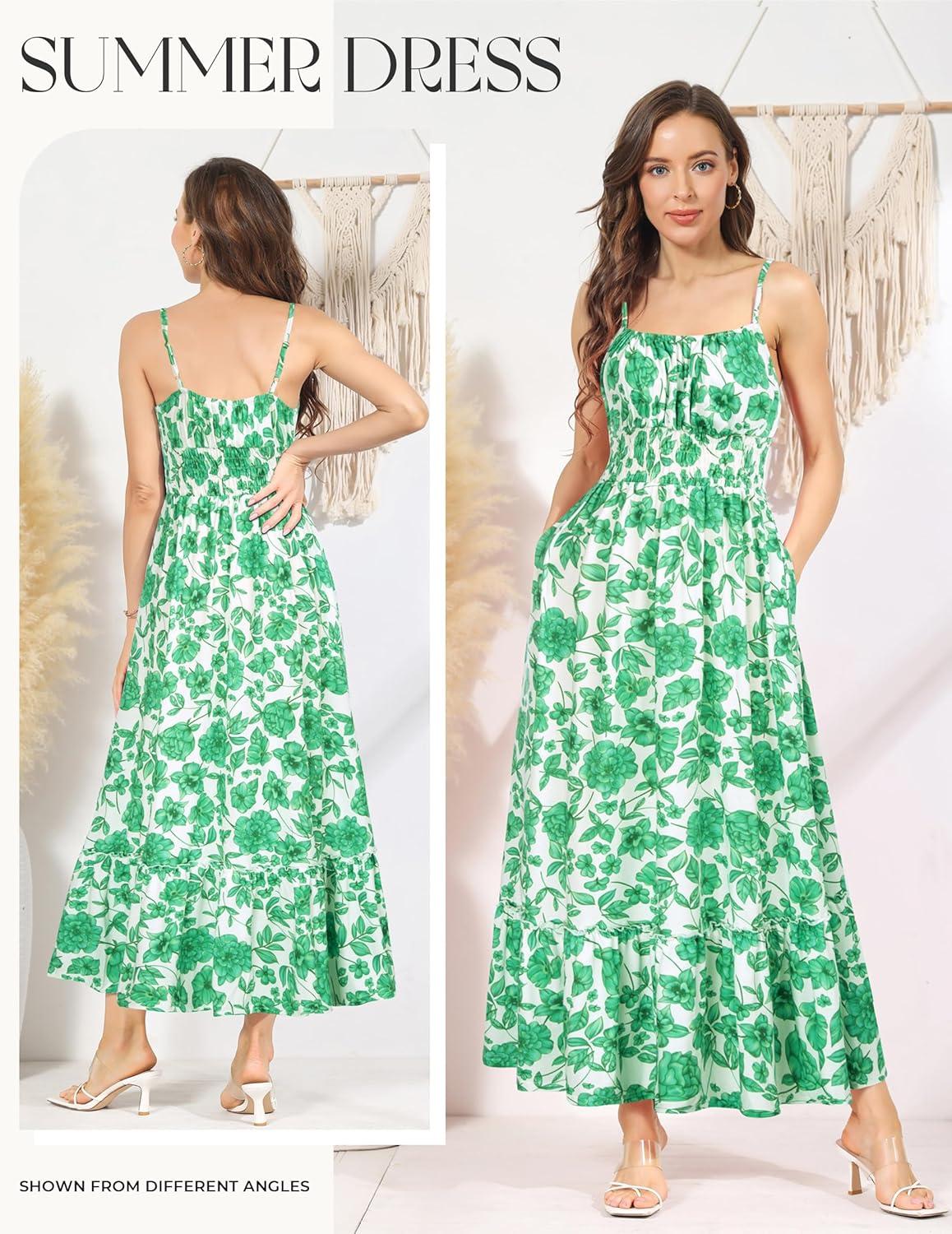 imageGRACE KARIN Summer Dresses for Women 2026 VacationSmocked Floral Maxi DressBoho Beach Sundress with Pocket Fashion ClothingGreen Floral