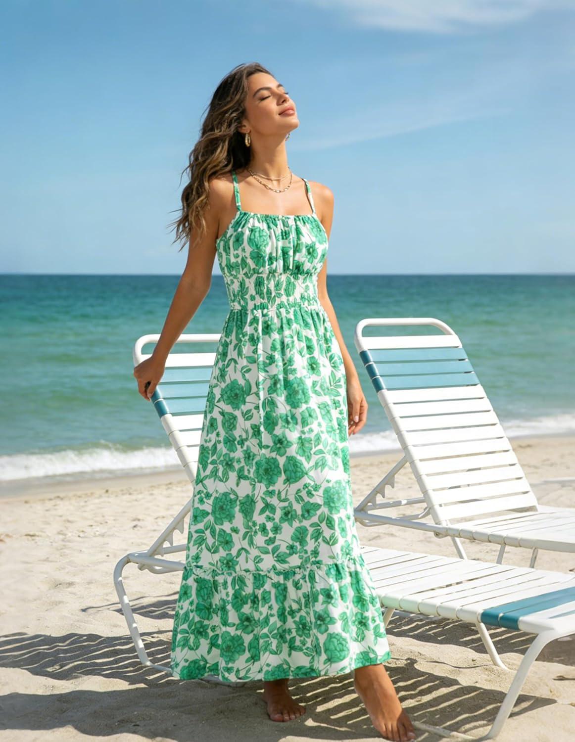 imageGRACE KARIN Summer Dresses for Women 2026 VacationSmocked Floral Maxi DressBoho Beach Sundress with Pocket Fashion ClothingGreen Floral