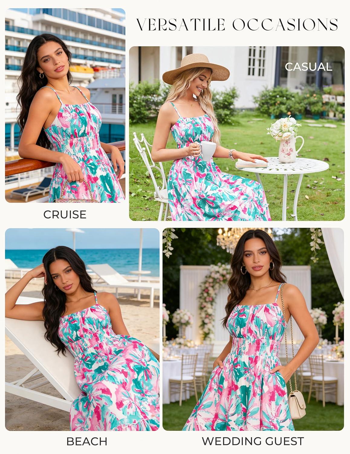 imageGRACE KARIN Summer Dresses for Women 2026 VacationSmocked Floral Maxi DressBoho Beach Sundress with Pocket Fashion ClothingGreen Pink Floral