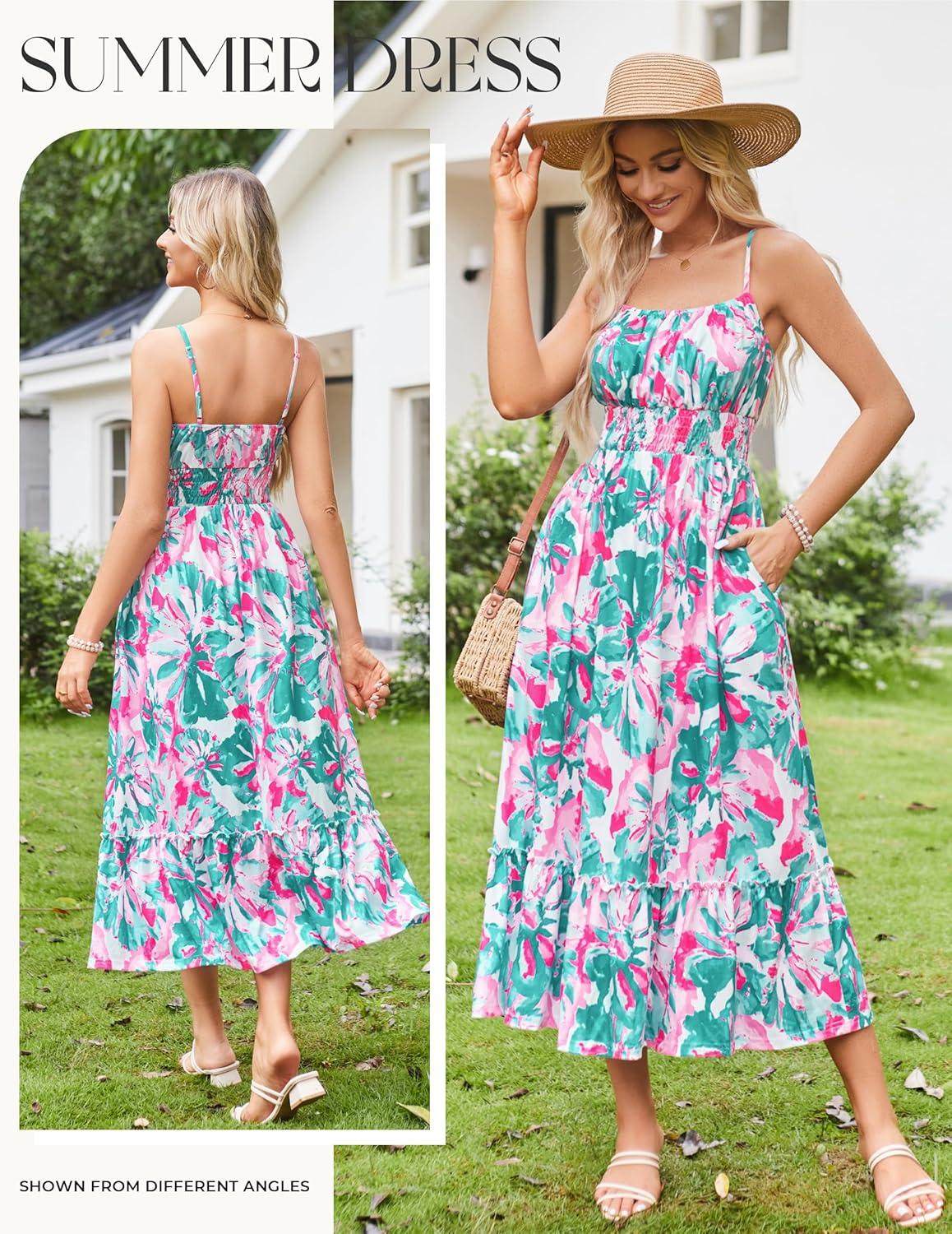 imageGRACE KARIN Summer Dresses for Women 2026 VacationSmocked Floral Maxi DressBoho Beach Sundress with Pocket Fashion ClothingGreen Pink Floral