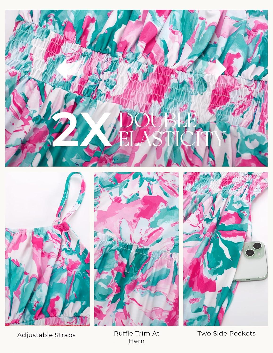 imageGRACE KARIN Summer Dresses for Women 2026 VacationSmocked Floral Maxi DressBoho Beach Sundress with Pocket Fashion ClothingGreen Pink Floral