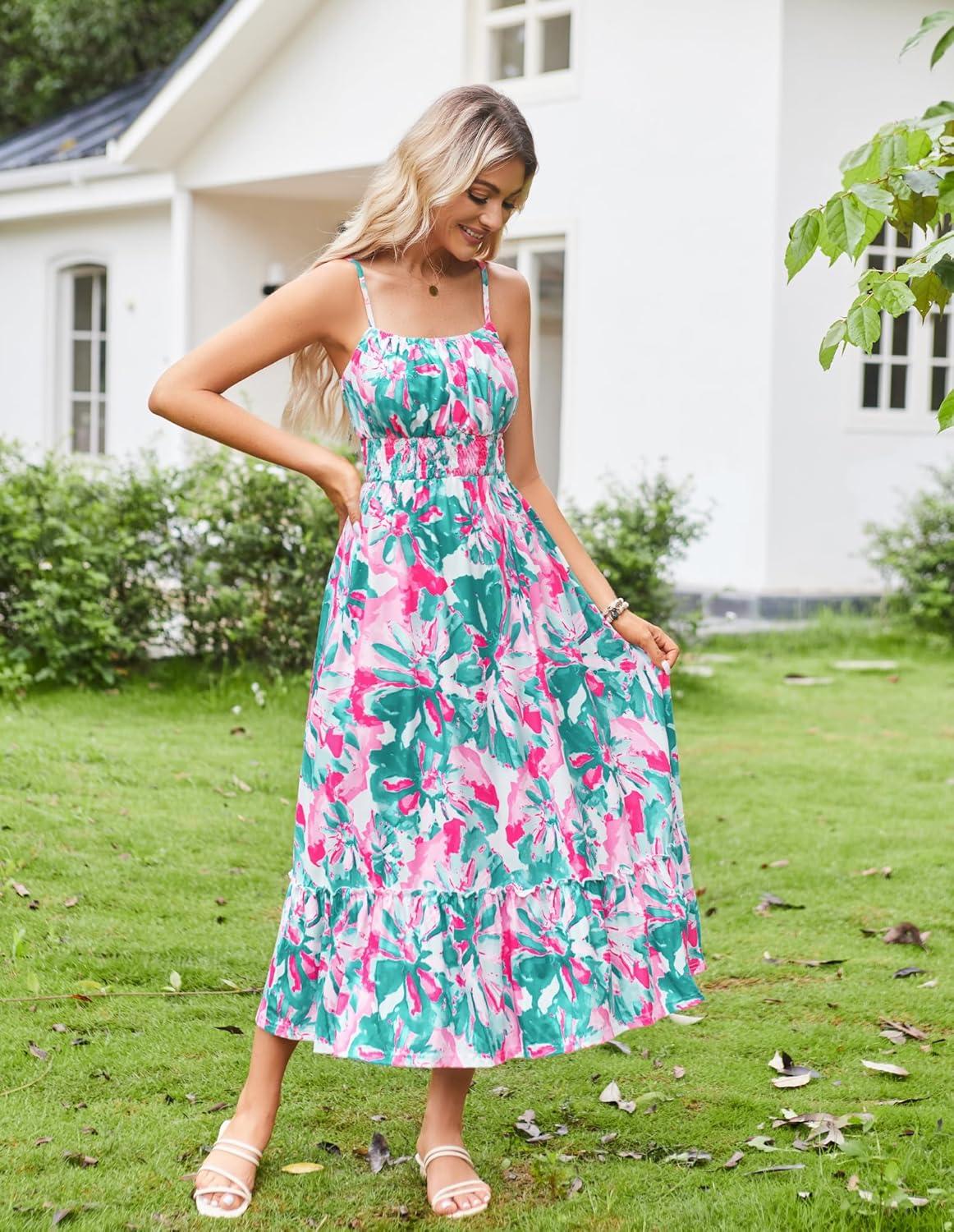 imageGRACE KARIN Summer Dresses for Women 2026 VacationSmocked Floral Maxi DressBoho Beach Sundress with Pocket Fashion ClothingGreen Pink Floral