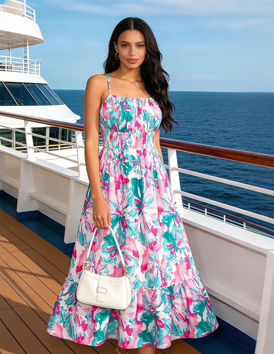 imageGRACE KARIN Summer Dresses for Women 2026 VacationSmocked Floral Maxi DressBoho Beach Sundress with Pocket Fashion ClothingGreen Pink Floral