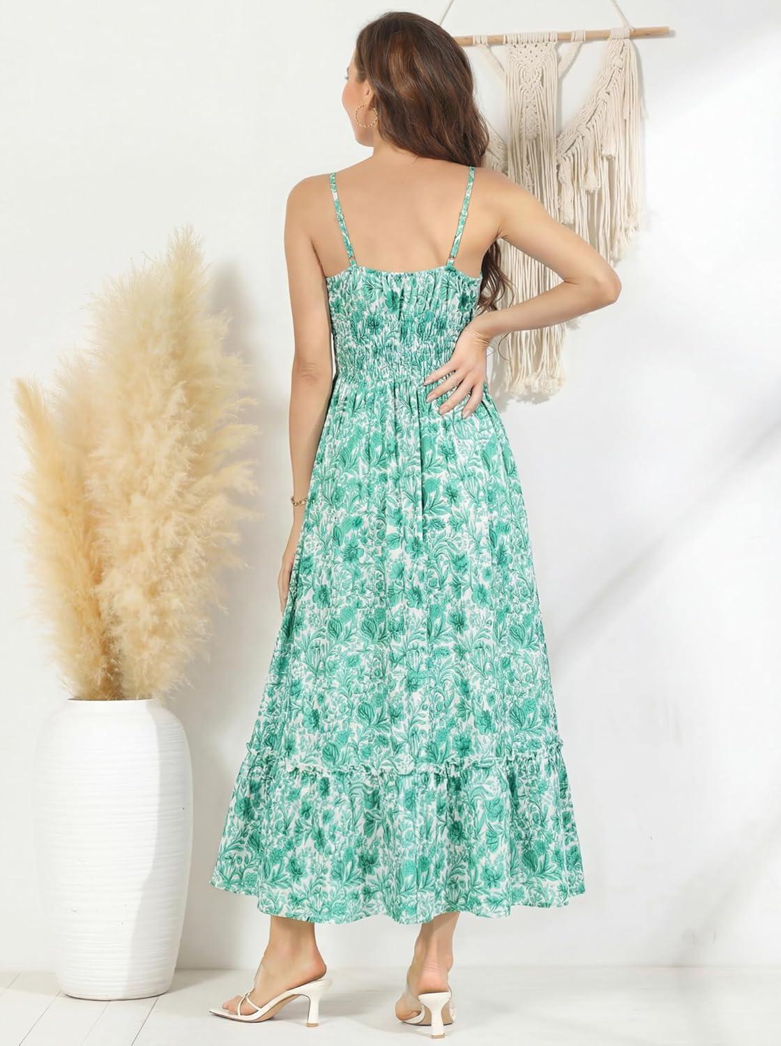 imageGRACE KARIN Summer Dresses for Women 2026 VacationSmocked Floral Maxi DressBoho Beach Sundress with Pocket Fashion ClothingGreen Vine