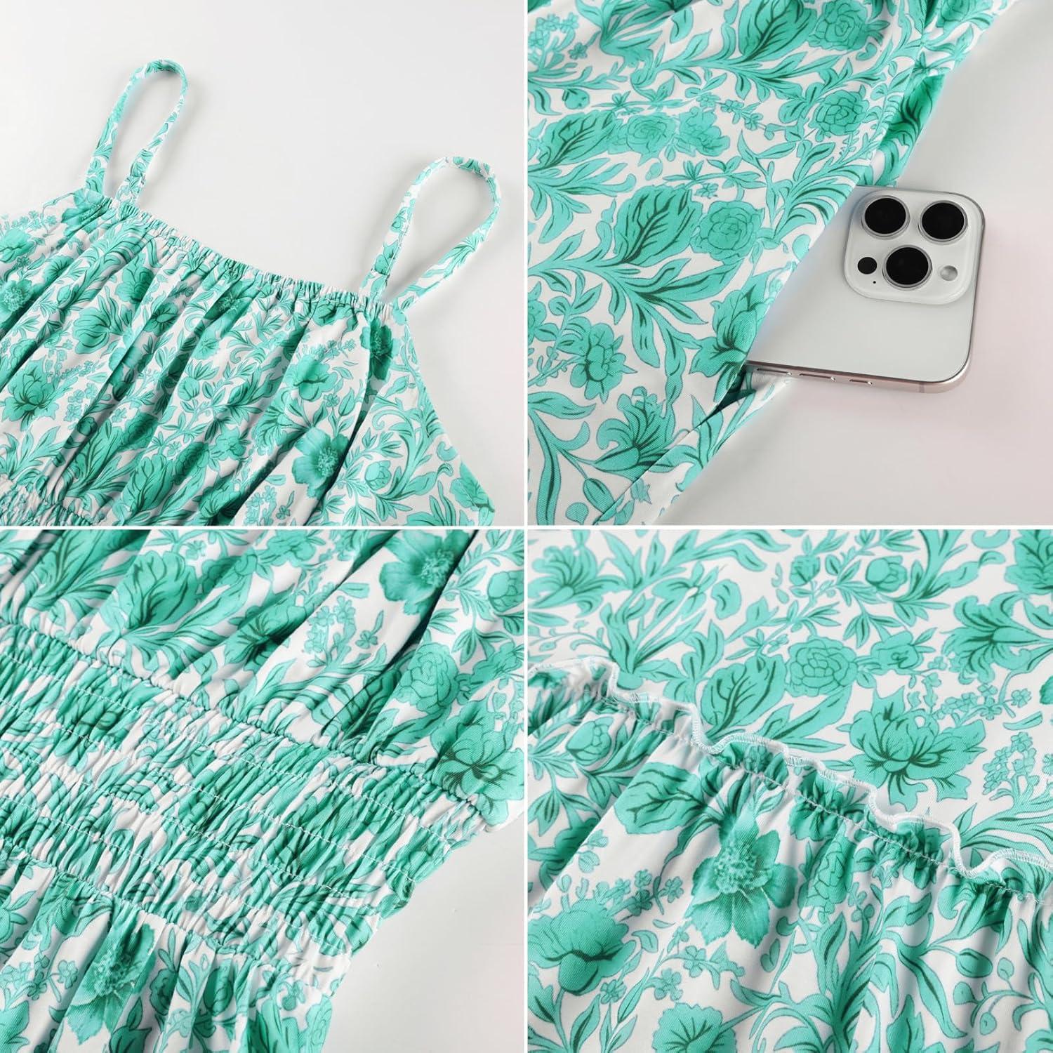 imageGRACE KARIN Summer Dresses for Women 2026 VacationSmocked Floral Maxi DressBoho Beach Sundress with Pocket Fashion ClothingGreen Vine