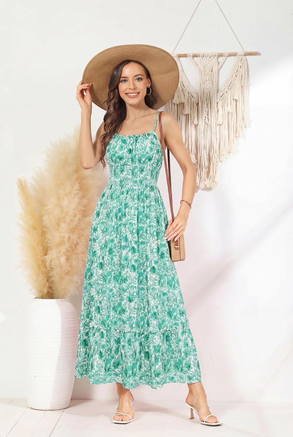 imageGRACE KARIN Summer Dresses for Women 2026 VacationSmocked Floral Maxi DressBoho Beach Sundress with Pocket Fashion ClothingGreen Vine
