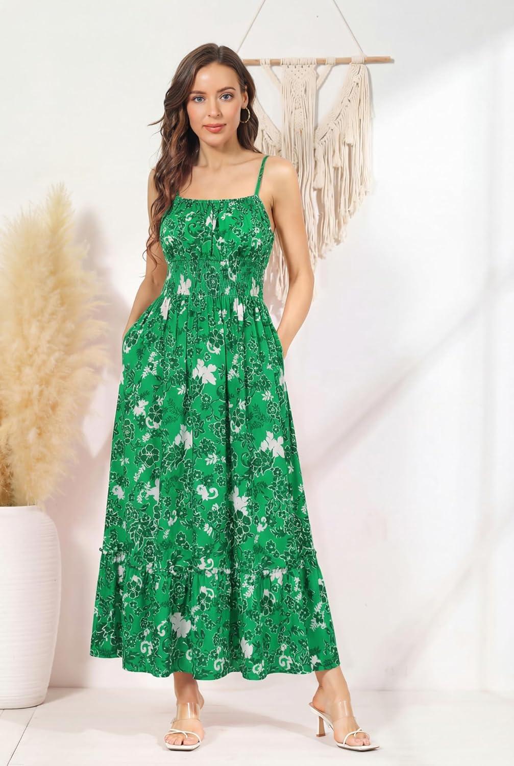 imageGRACE KARIN Summer Dresses for Women 2026 VacationSmocked Floral Maxi DressBoho Beach Sundress with Pocket Fashion ClothingGreen White