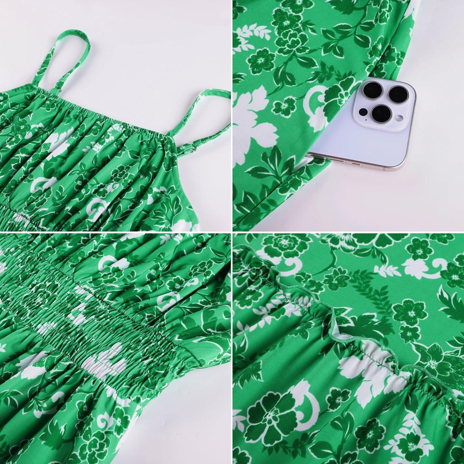 imageGRACE KARIN Summer Dresses for Women 2026 VacationSmocked Floral Maxi DressBoho Beach Sundress with Pocket Fashion ClothingGreen White