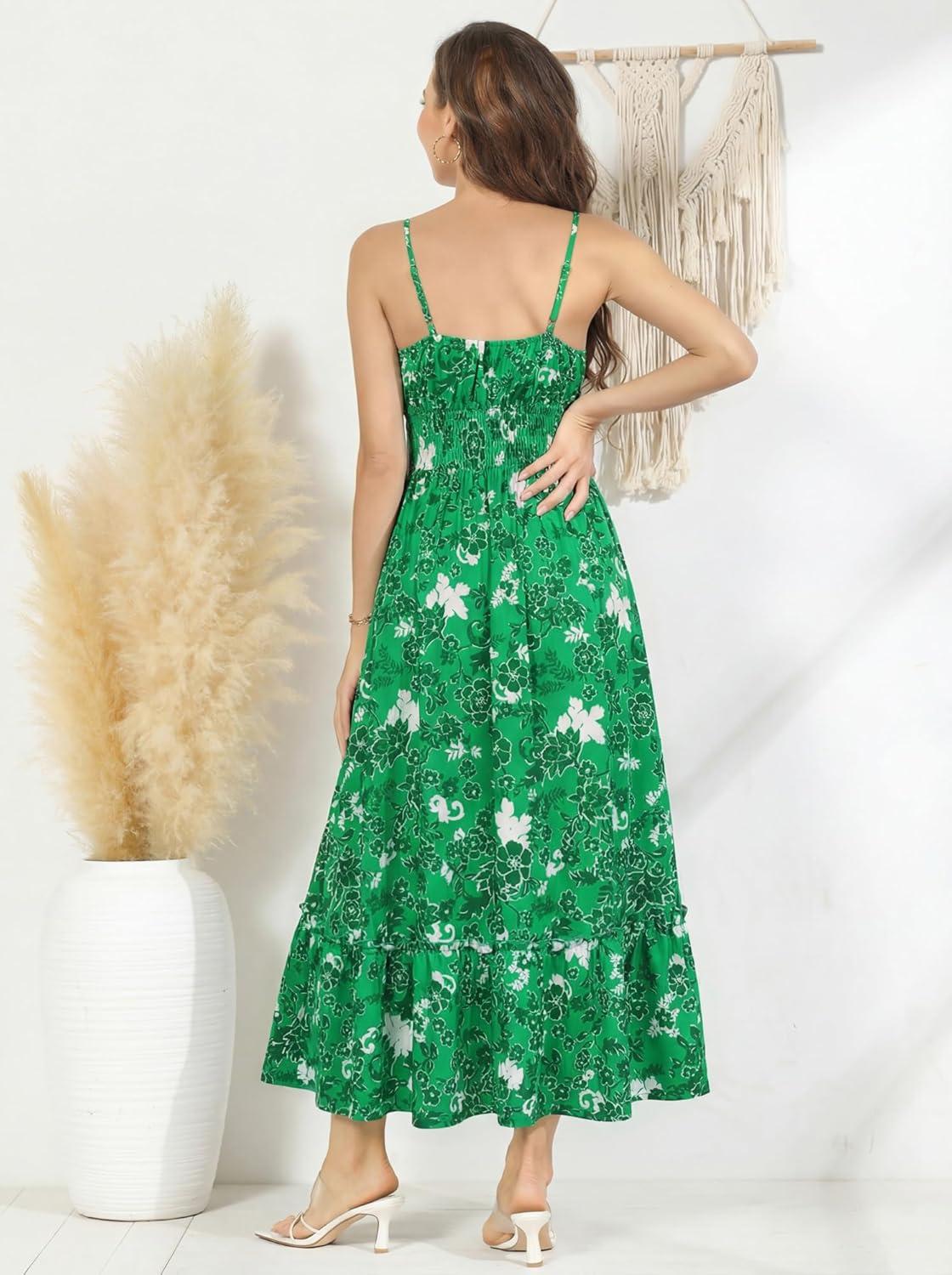 imageGRACE KARIN Summer Dresses for Women 2026 VacationSmocked Floral Maxi DressBoho Beach Sundress with Pocket Fashion ClothingGreen White