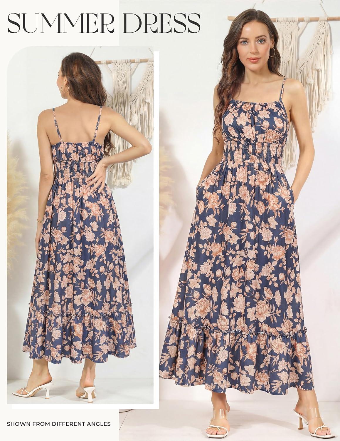 imageGRACE KARIN Summer Dresses for Women 2026 VacationSmocked Floral Maxi DressBoho Beach Sundress with Pocket Fashion ClothingNavy Blue Floral