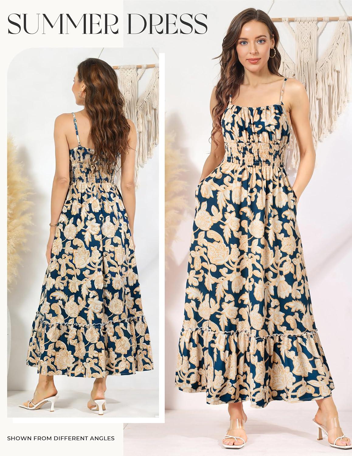 imageGRACE KARIN Summer Dresses for Women 2026 VacationSmocked Floral Maxi DressBoho Beach Sundress with Pocket Fashion ClothingNavy Flower