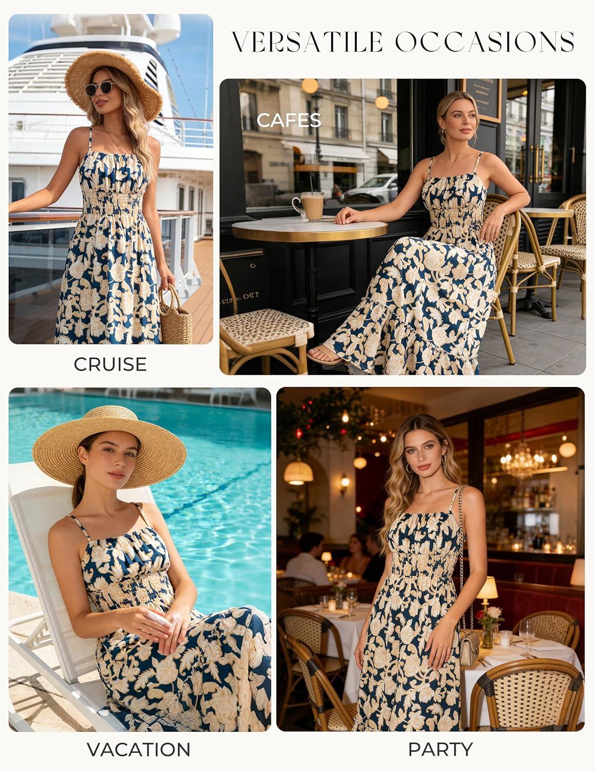 imageGRACE KARIN Summer Dresses for Women 2026 VacationSmocked Floral Maxi DressBoho Beach Sundress with Pocket Fashion ClothingNavy Flower