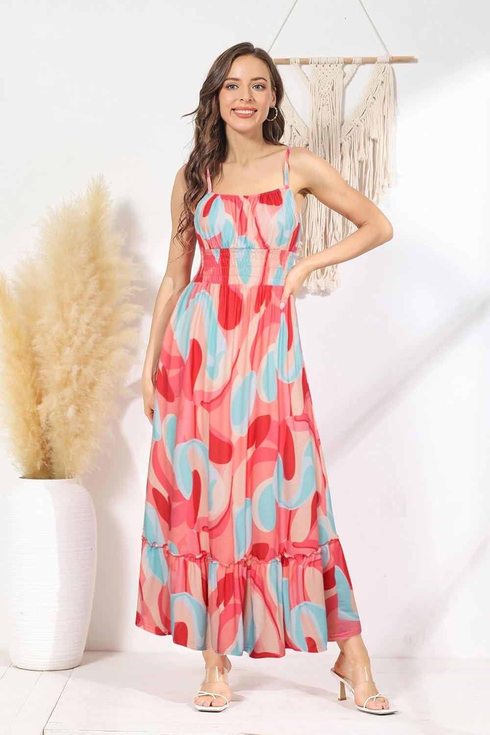 imageGRACE KARIN Summer Dresses for Women 2026 VacationSmocked Floral Maxi DressBoho Beach Sundress with Pocket Fashion ClothingPink Floral