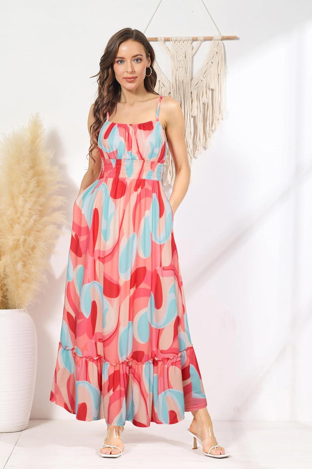 imageGRACE KARIN Summer Dresses for Women 2026 VacationSmocked Floral Maxi DressBoho Beach Sundress with Pocket Fashion ClothingPink Floral