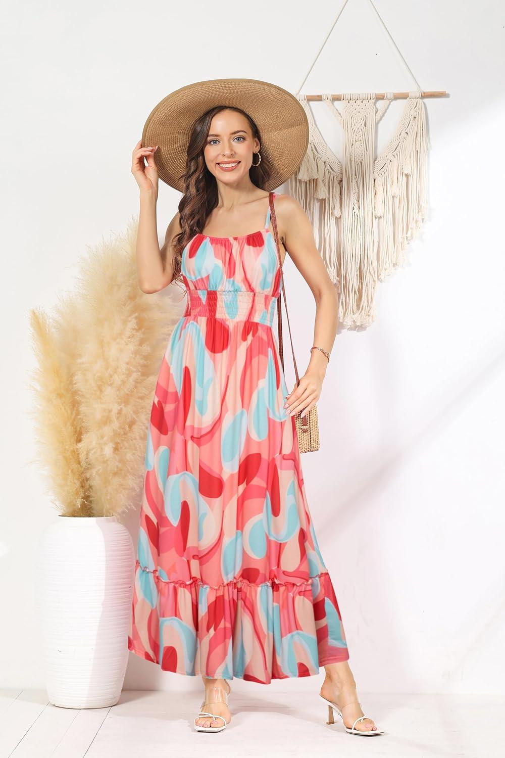 imageGRACE KARIN Summer Dresses for Women 2026 VacationSmocked Floral Maxi DressBoho Beach Sundress with Pocket Fashion ClothingPink Floral