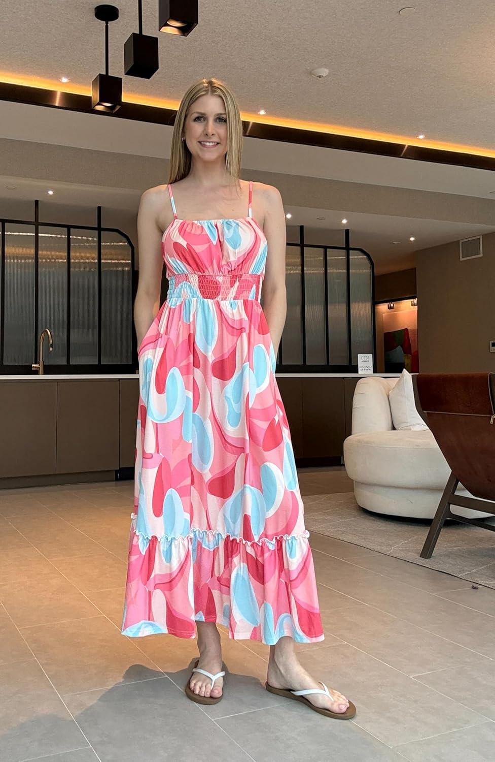 imageGRACE KARIN Summer Dresses for Women 2026 VacationSmocked Floral Maxi DressBoho Beach Sundress with Pocket Fashion ClothingPink Floral