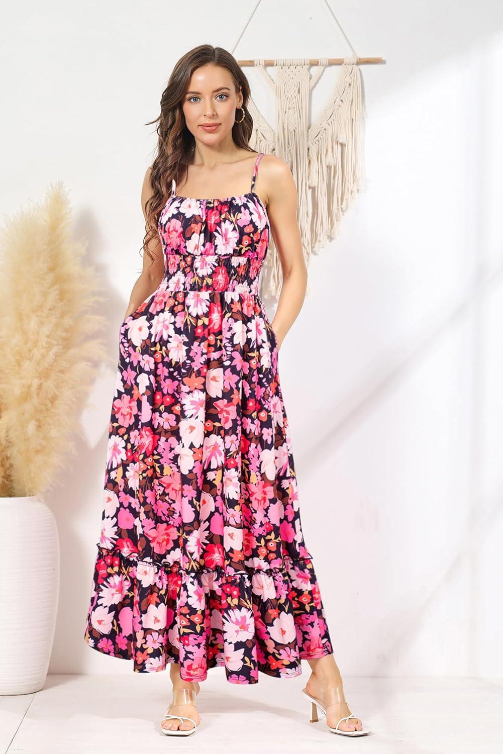 imageGRACE KARIN Summer Dresses for Women 2026 VacationSmocked Floral Maxi DressBoho Beach Sundress with Pocket Fashion ClothingPurple Black Floral