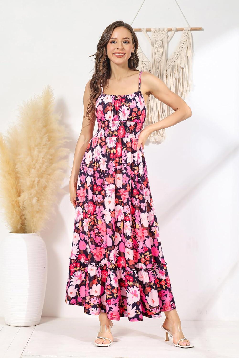 imageGRACE KARIN Summer Dresses for Women 2026 VacationSmocked Floral Maxi DressBoho Beach Sundress with Pocket Fashion ClothingPurple Black Floral