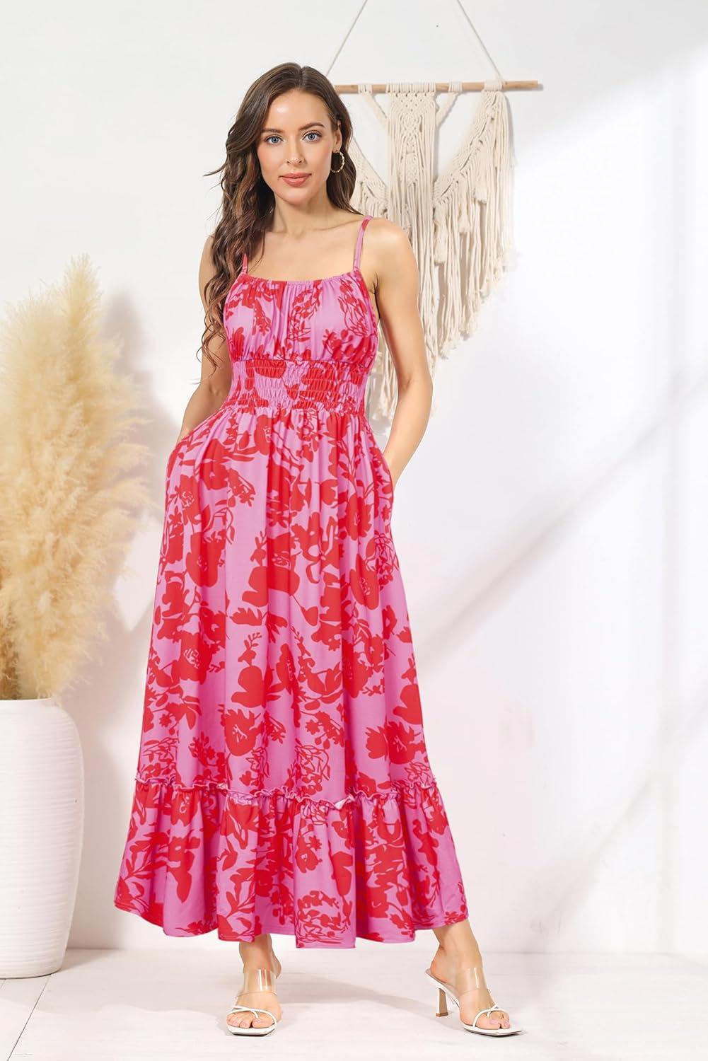 imageGRACE KARIN Summer Dresses for Women 2026 VacationSmocked Floral Maxi DressBoho Beach Sundress with Pocket Fashion ClothingPurple Red Floral