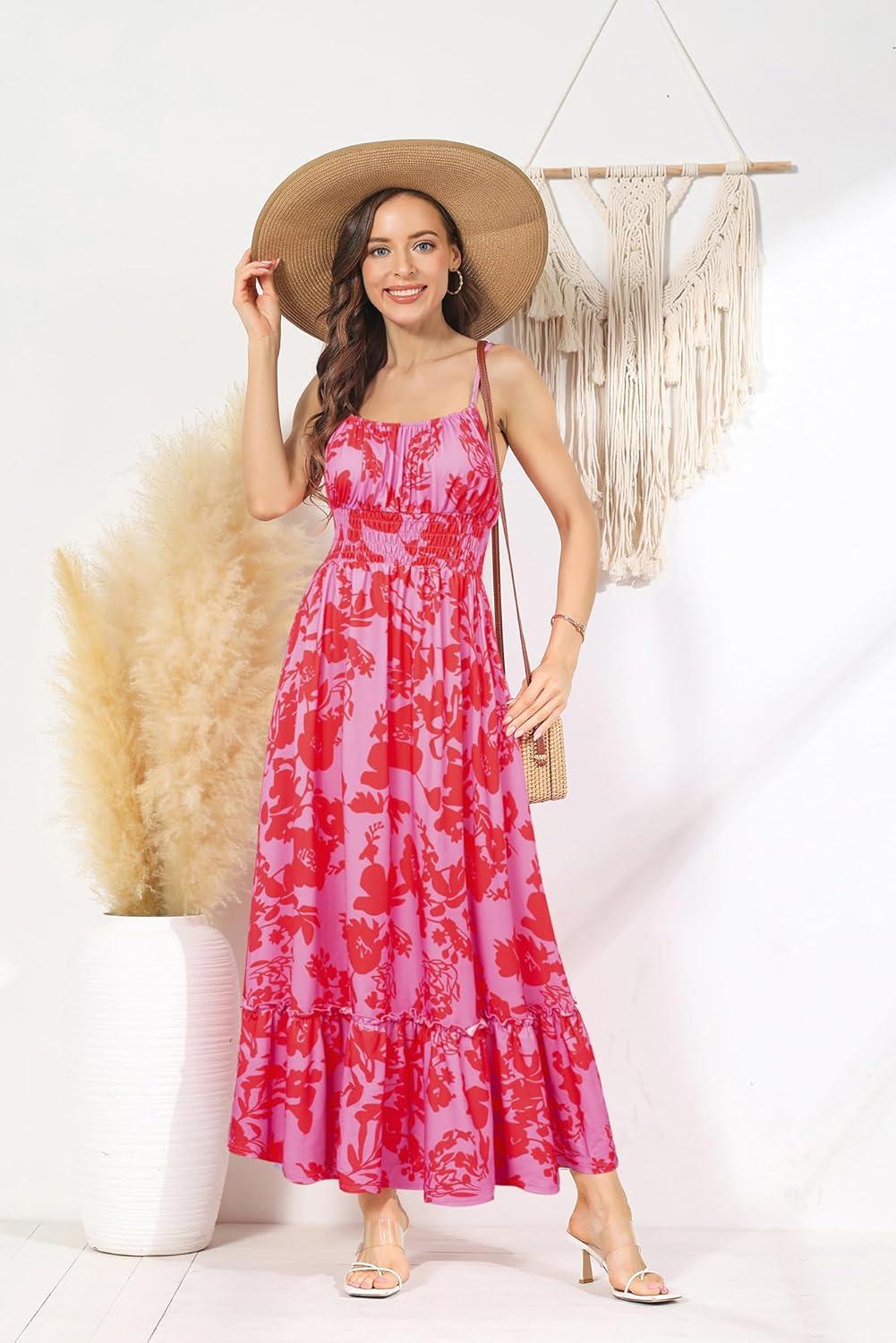 imageGRACE KARIN Summer Dresses for Women 2026 VacationSmocked Floral Maxi DressBoho Beach Sundress with Pocket Fashion ClothingPurple Red Floral