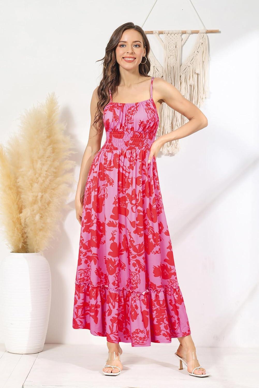 imageGRACE KARIN Summer Dresses for Women 2026 VacationSmocked Floral Maxi DressBoho Beach Sundress with Pocket Fashion ClothingPurple Red Floral