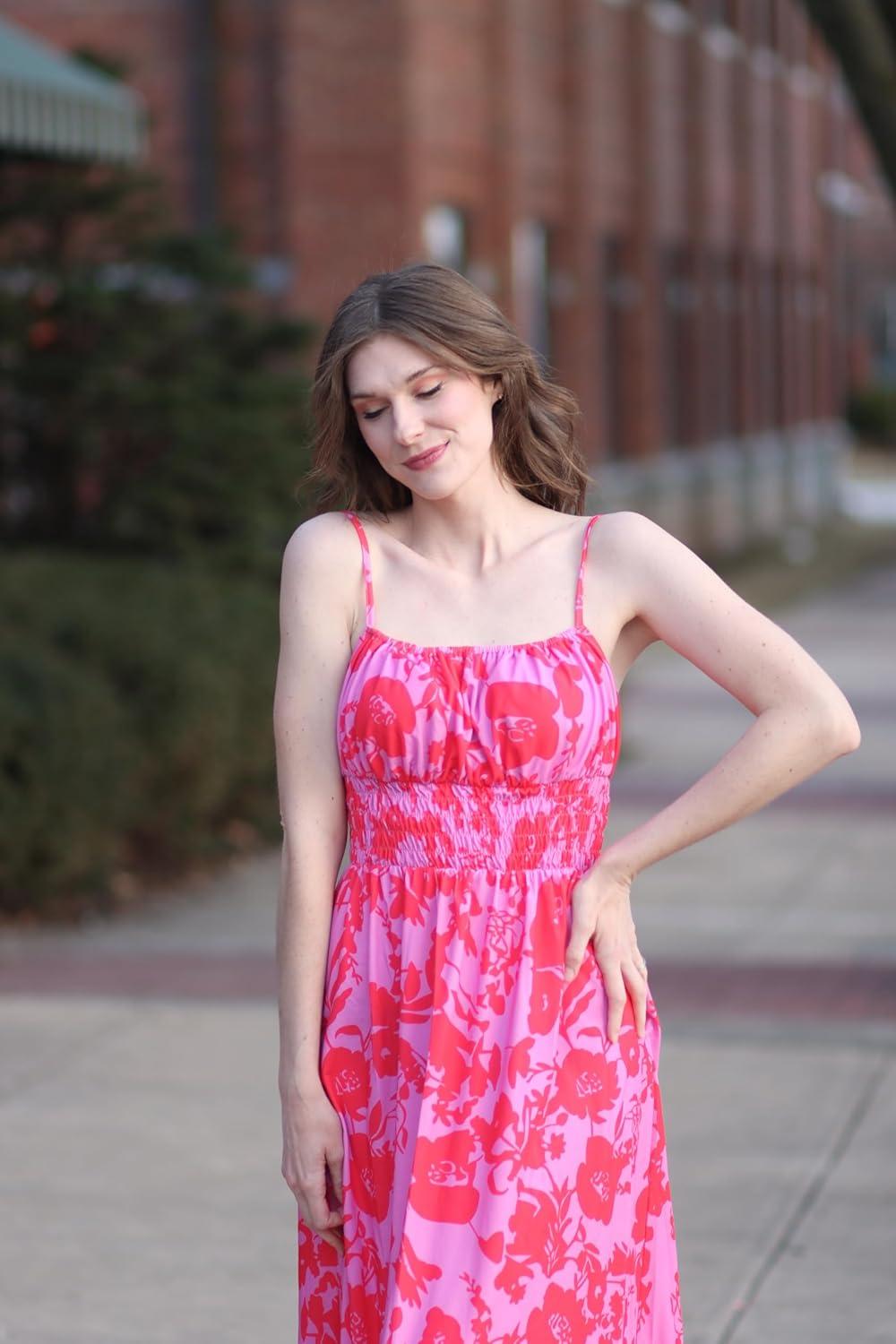 imageGRACE KARIN Summer Dresses for Women 2026 VacationSmocked Floral Maxi DressBoho Beach Sundress with Pocket Fashion ClothingPurple Red Floral