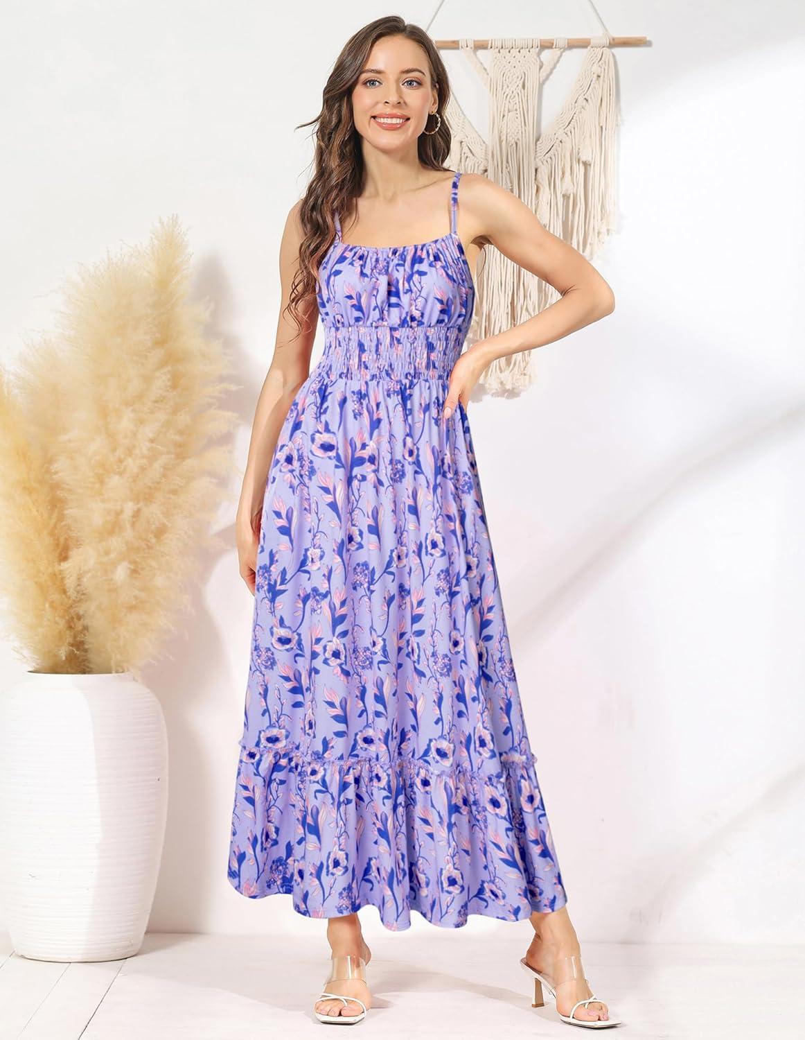 imageGRACE KARIN Summer Dresses for Women 2026 VacationSmocked Floral Maxi DressBoho Beach Sundress with Pocket Fashion ClothingPurple Vine