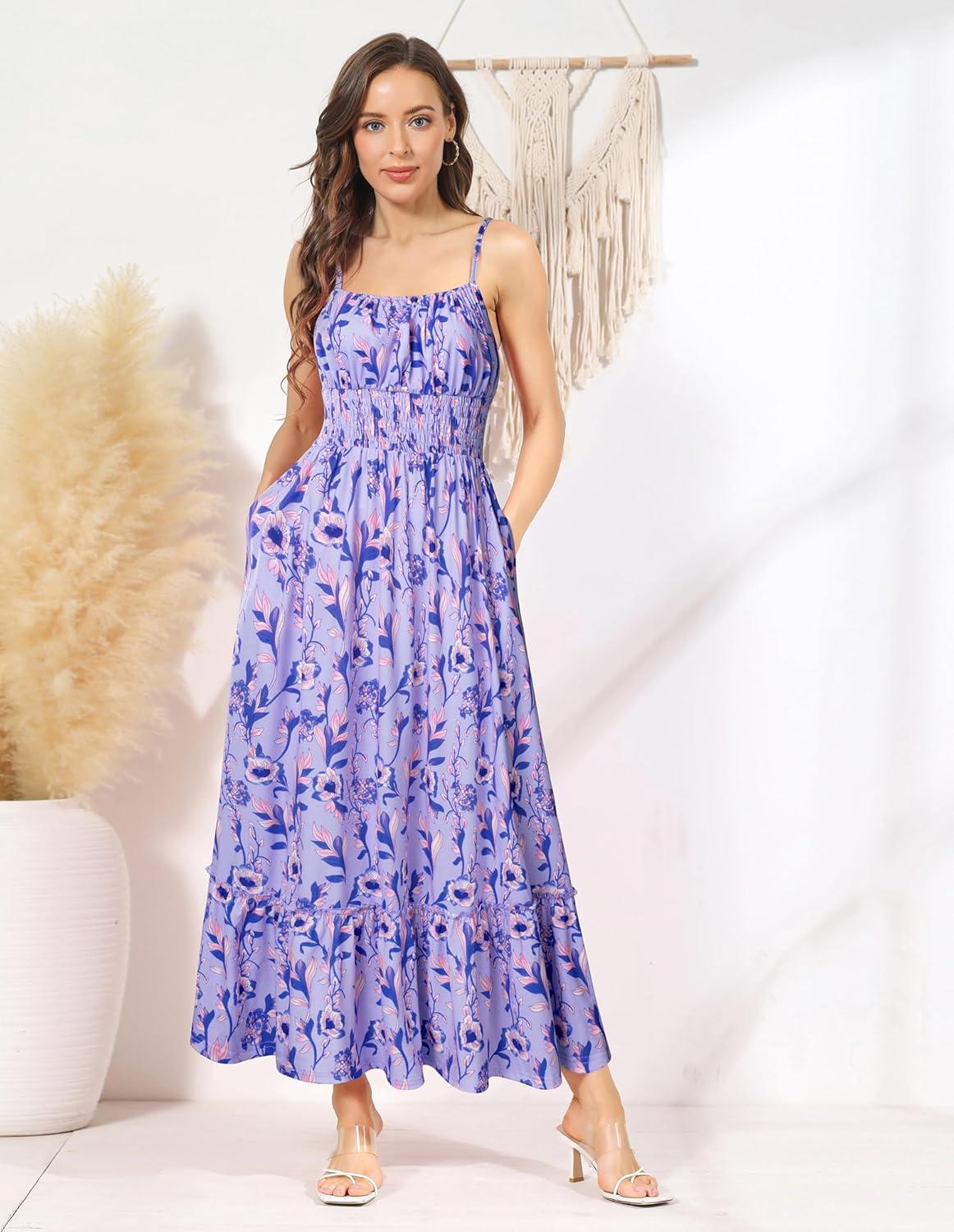 imageGRACE KARIN Summer Dresses for Women 2026 VacationSmocked Floral Maxi DressBoho Beach Sundress with Pocket Fashion ClothingPurple Vine