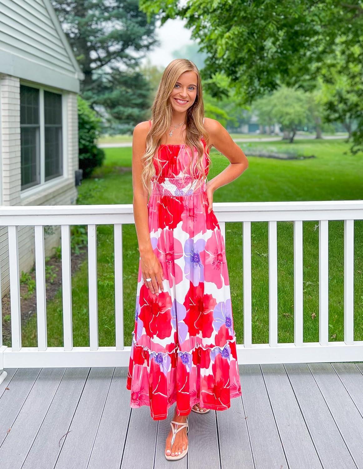imageGRACE KARIN Summer Dresses for Women 2026 VacationSmocked Floral Maxi DressBoho Beach Sundress with Pocket Fashion ClothingRed Floral