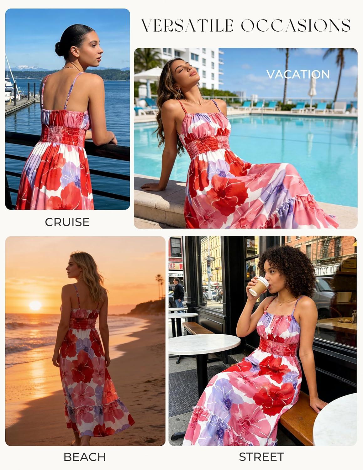 imageGRACE KARIN Summer Dresses for Women 2026 VacationSmocked Floral Maxi DressBoho Beach Sundress with Pocket Fashion ClothingRed Floral
