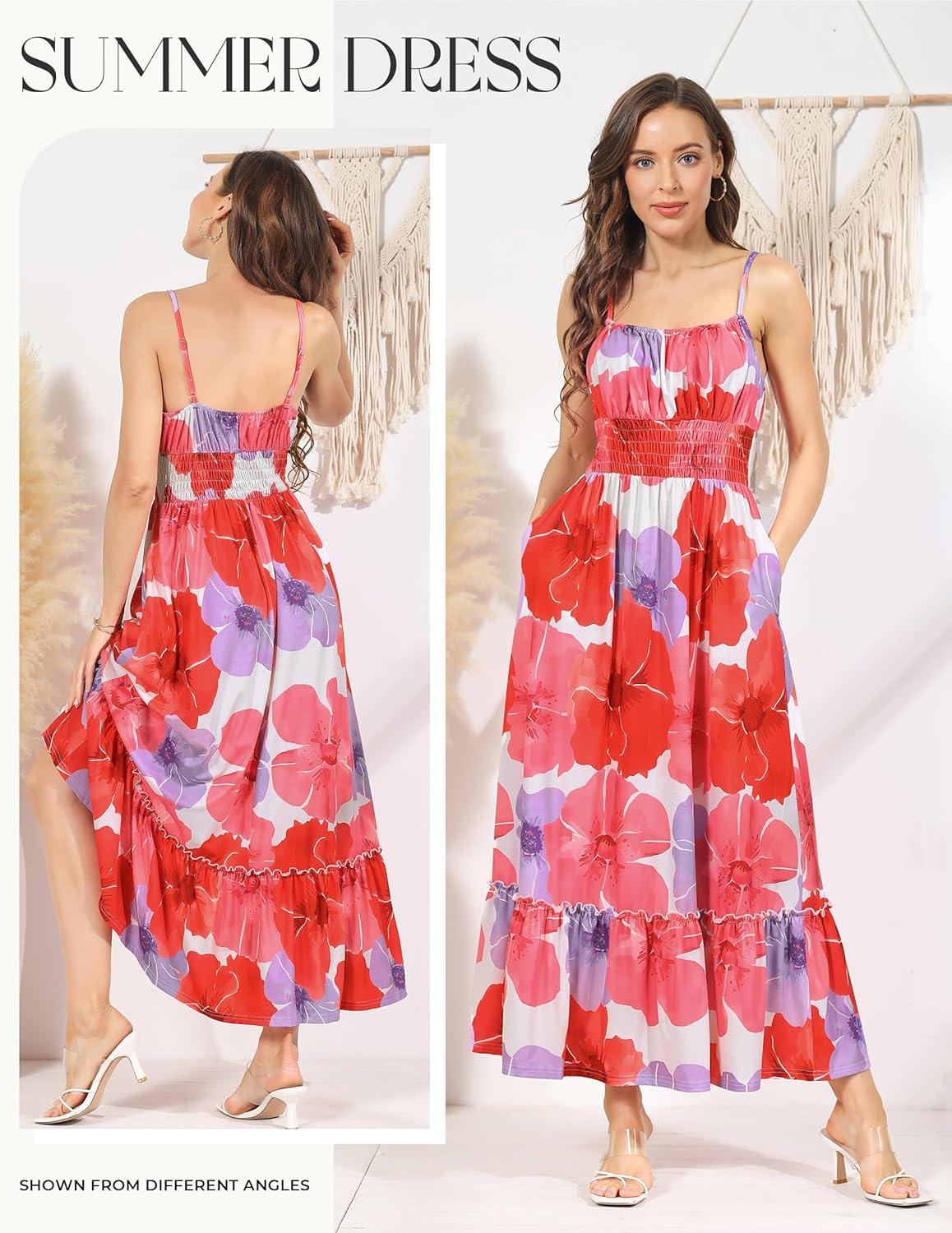 imageGRACE KARIN Summer Dresses for Women 2026 VacationSmocked Floral Maxi DressBoho Beach Sundress with Pocket Fashion ClothingRed Floral