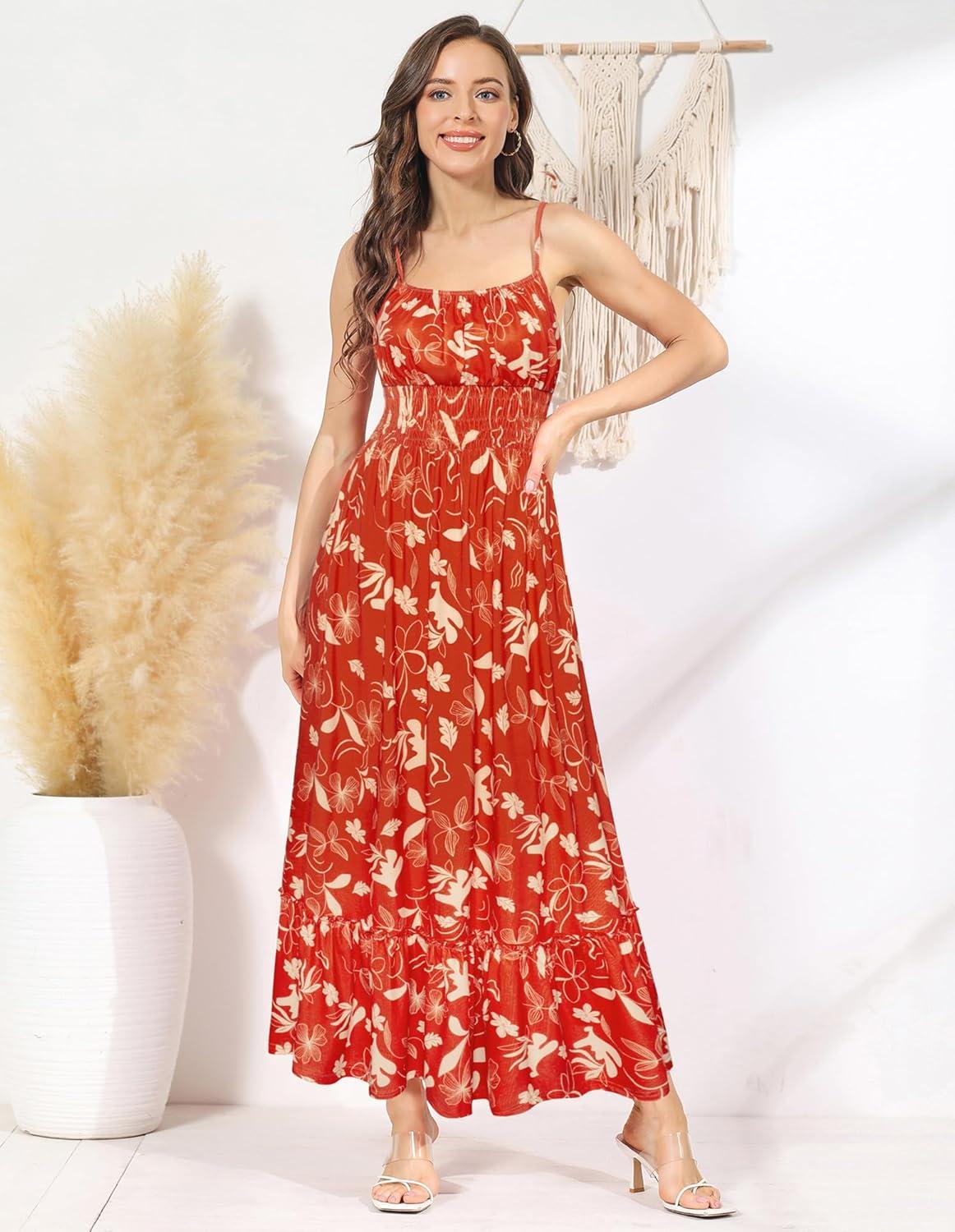 imageGRACE KARIN Summer Dresses for Women 2026 VacationSmocked Floral Maxi DressBoho Beach Sundress with Pocket Fashion ClothingRed Yellow Floral