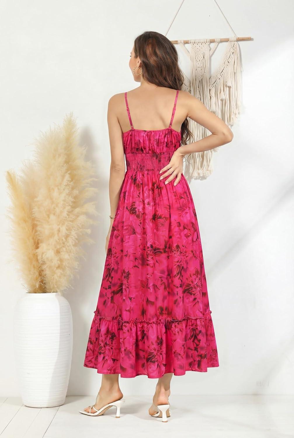 imageGRACE KARIN Summer Dresses for Women 2026 VacationSmocked Floral Maxi DressBoho Beach Sundress with Pocket Fashion ClothingRose Red