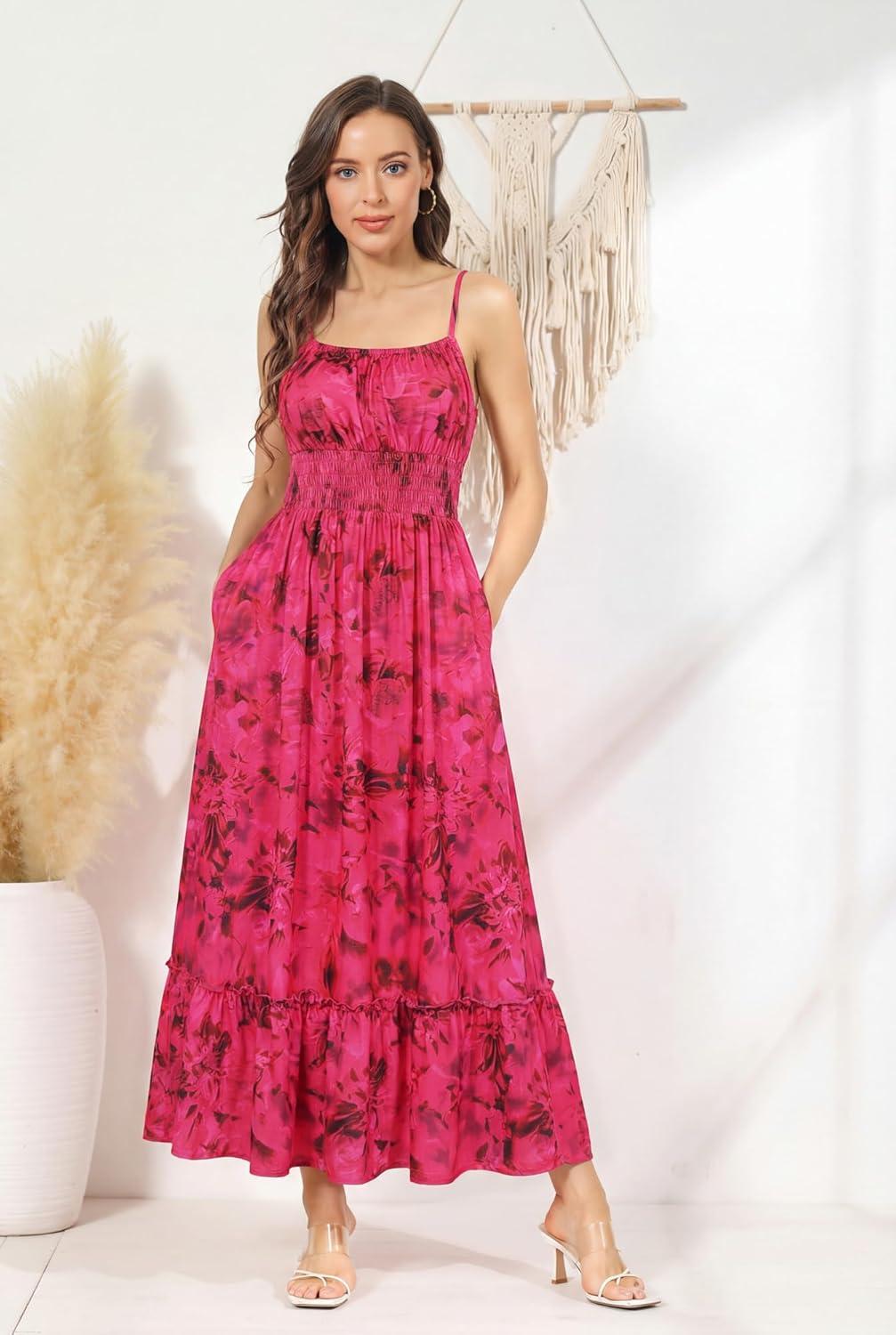 imageGRACE KARIN Summer Dresses for Women 2026 VacationSmocked Floral Maxi DressBoho Beach Sundress with Pocket Fashion ClothingRose Red