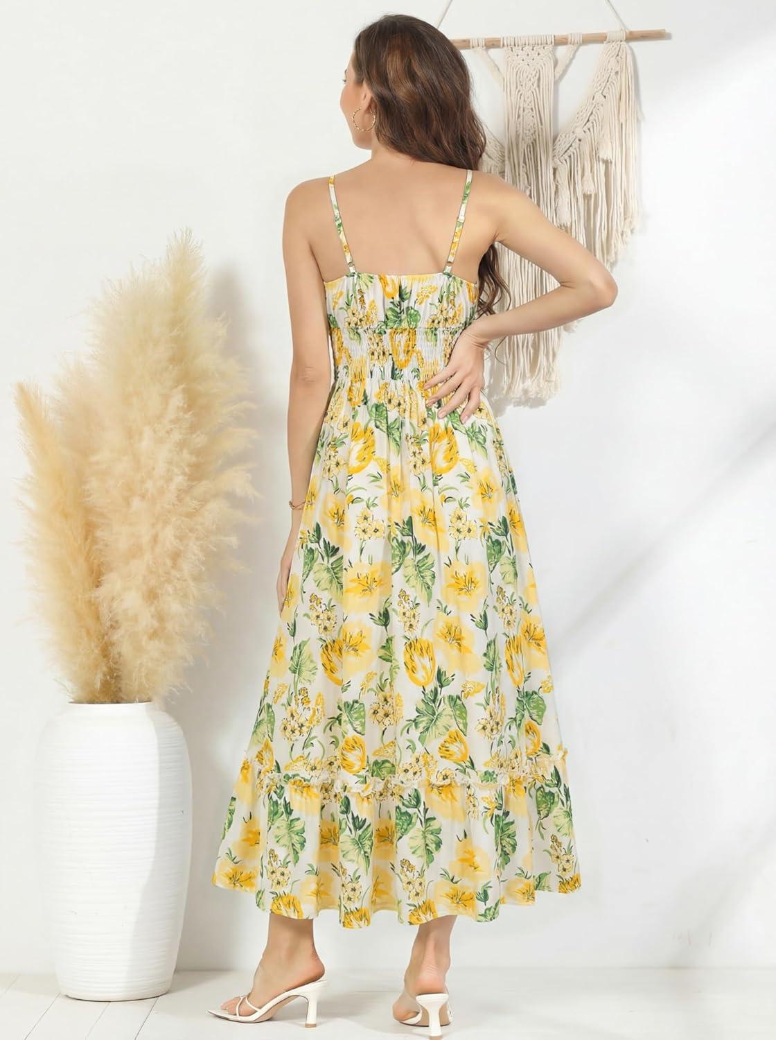 imageGRACE KARIN Summer Dresses for Women 2026 VacationSmocked Floral Maxi DressBoho Beach Sundress with Pocket Fashion ClothingYellow White
