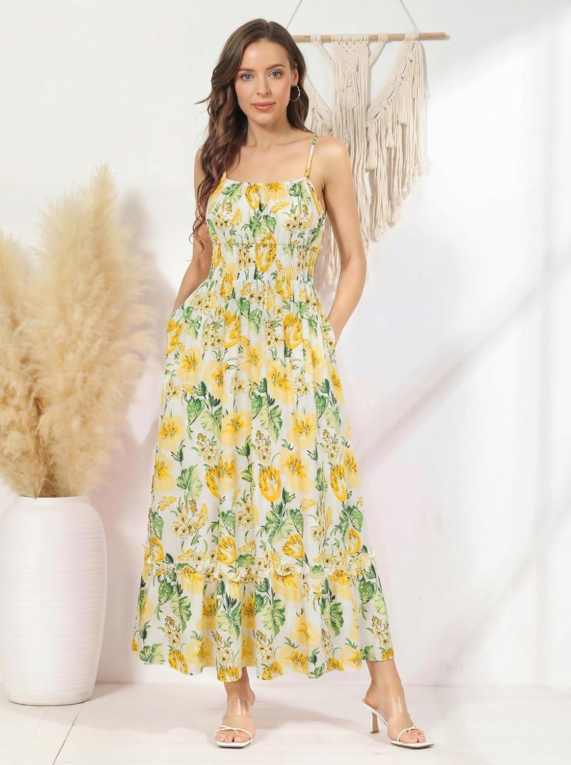 imageGRACE KARIN Summer Dresses for Women 2026 VacationSmocked Floral Maxi DressBoho Beach Sundress with Pocket Fashion ClothingYellow White