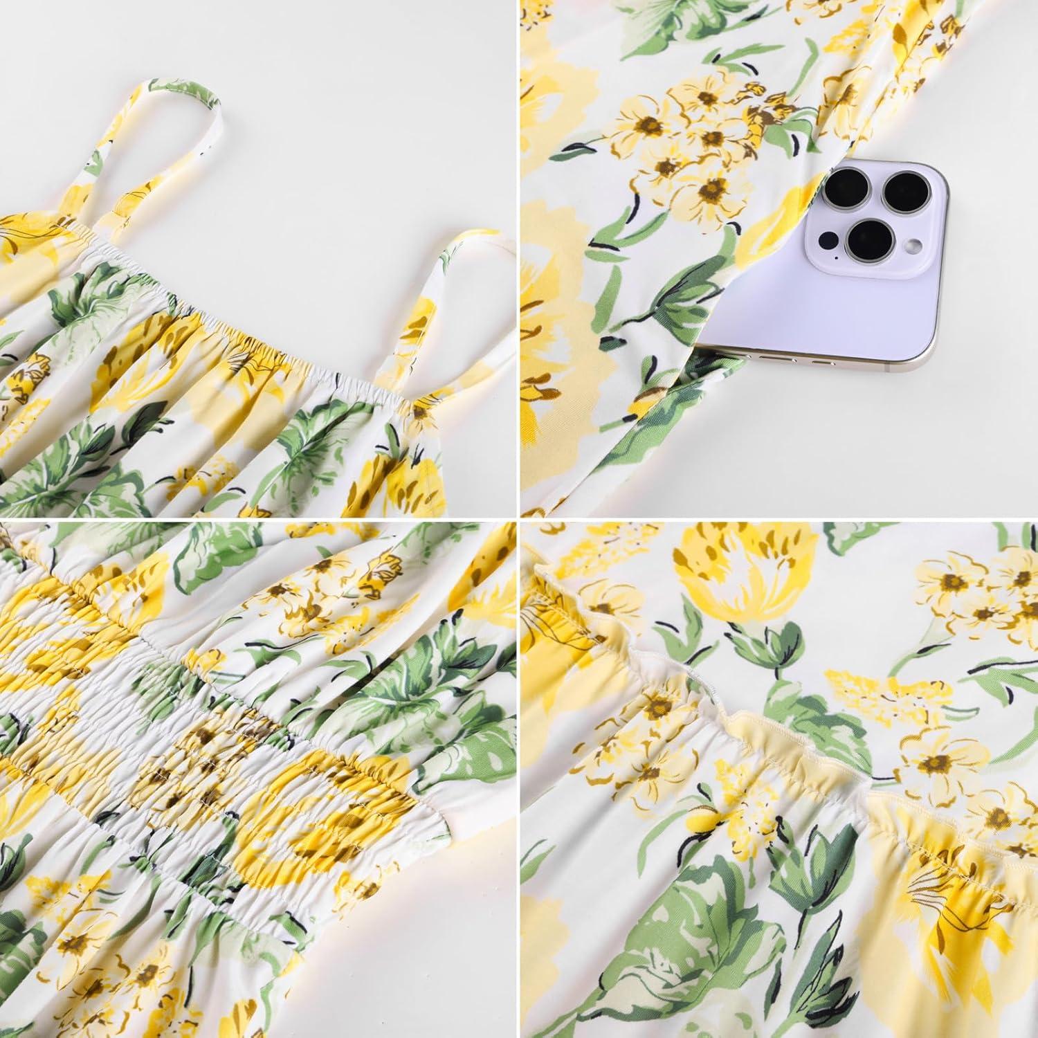 imageGRACE KARIN Summer Dresses for Women 2026 VacationSmocked Floral Maxi DressBoho Beach Sundress with Pocket Fashion ClothingYellow White