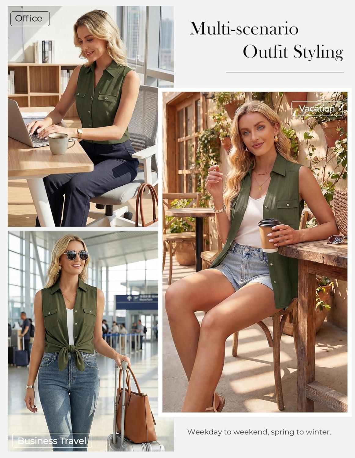imageGRACE KARIN Women Sleeveless Button Down Shirts Summer Solid Dressy Casual Blouse V Neck Tank Top Business Work 2026 TrendyArmy Green
