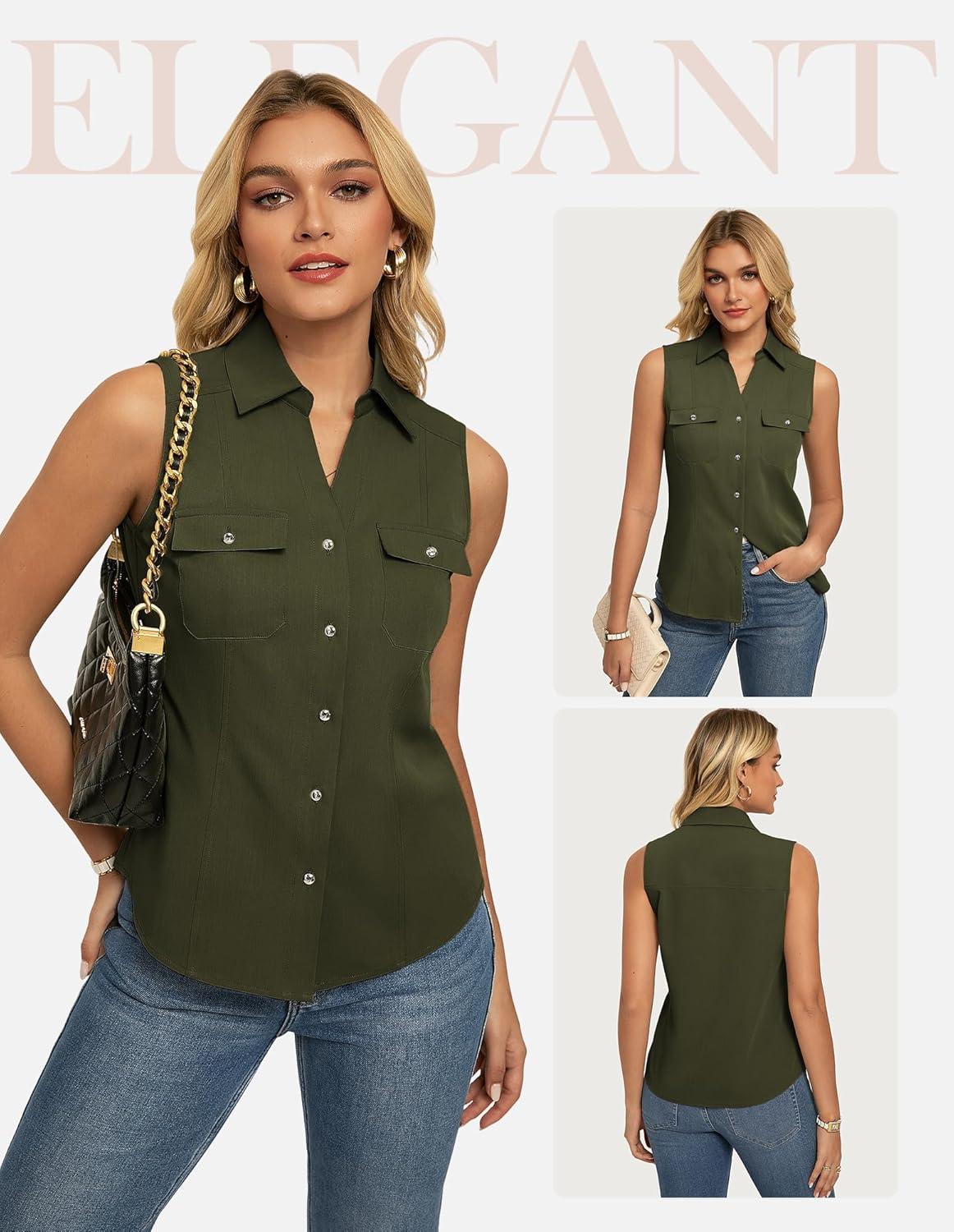 imageGRACE KARIN Women Sleeveless Button Down Shirts Summer Solid Dressy Casual Blouse V Neck Tank Top Business Work 2026 TrendyArmy Green