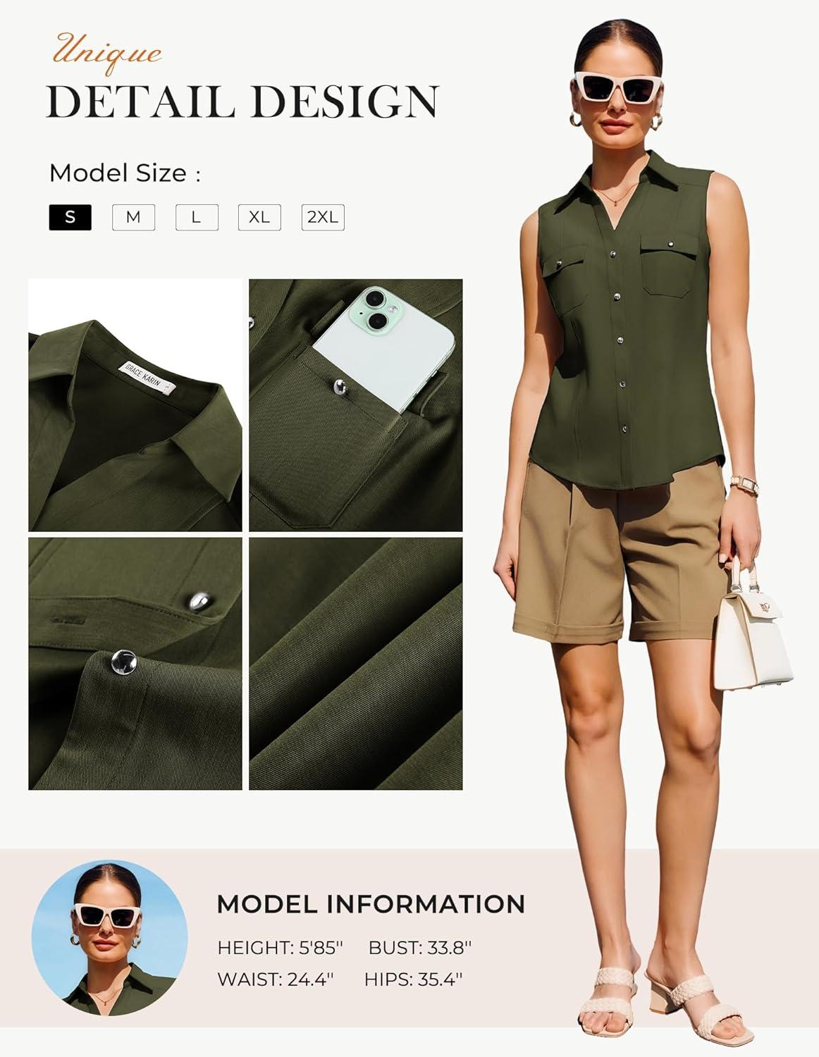 imageGRACE KARIN Women Sleeveless Button Down Shirts Summer Solid Dressy Casual Blouse V Neck Tank Top Business Work 2026 TrendyArmy Green