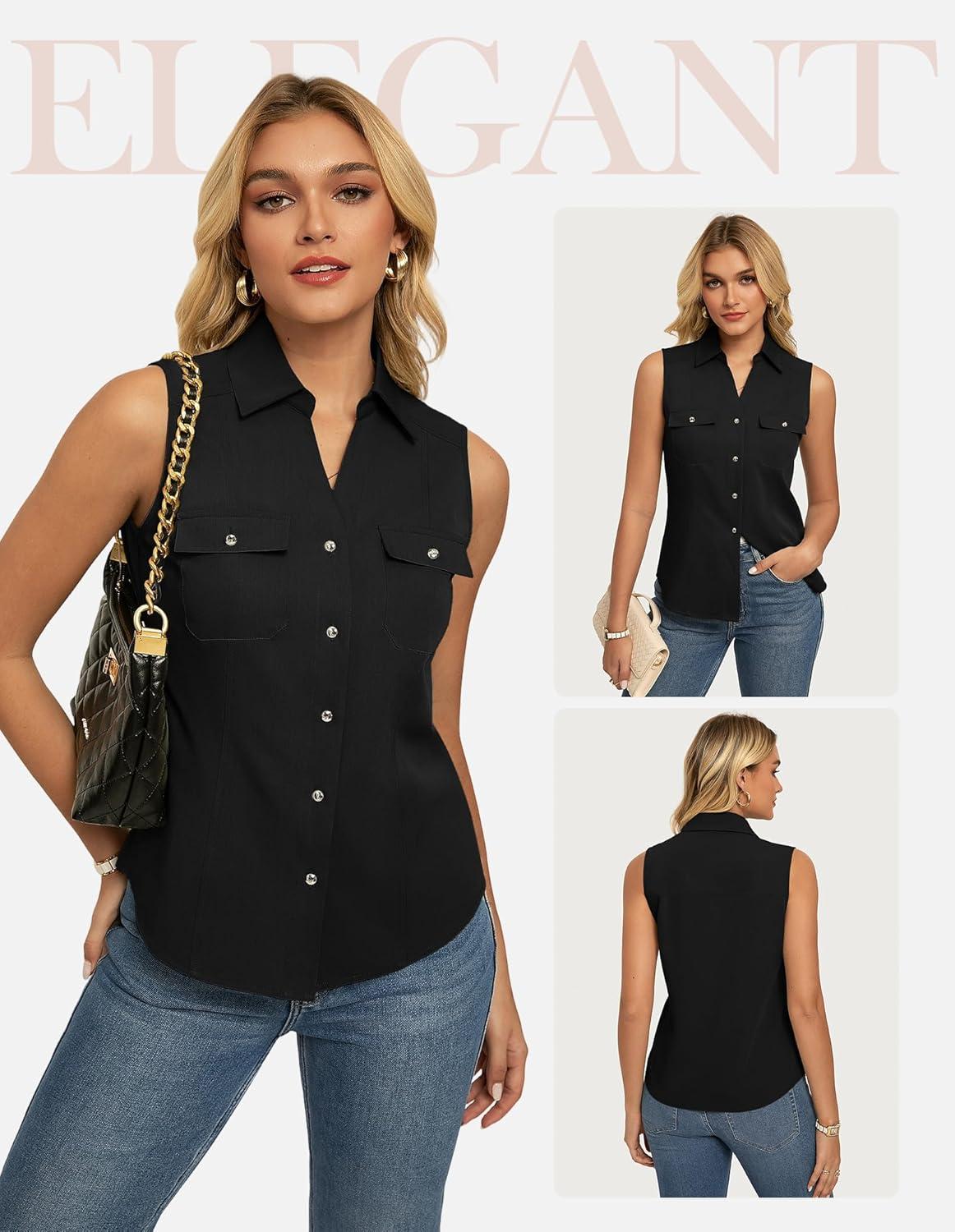 imageGRACE KARIN Women Sleeveless Button Down Shirts Summer Solid Dressy Casual Blouse V Neck Tank Top Business Work 2026 TrendyBlack
